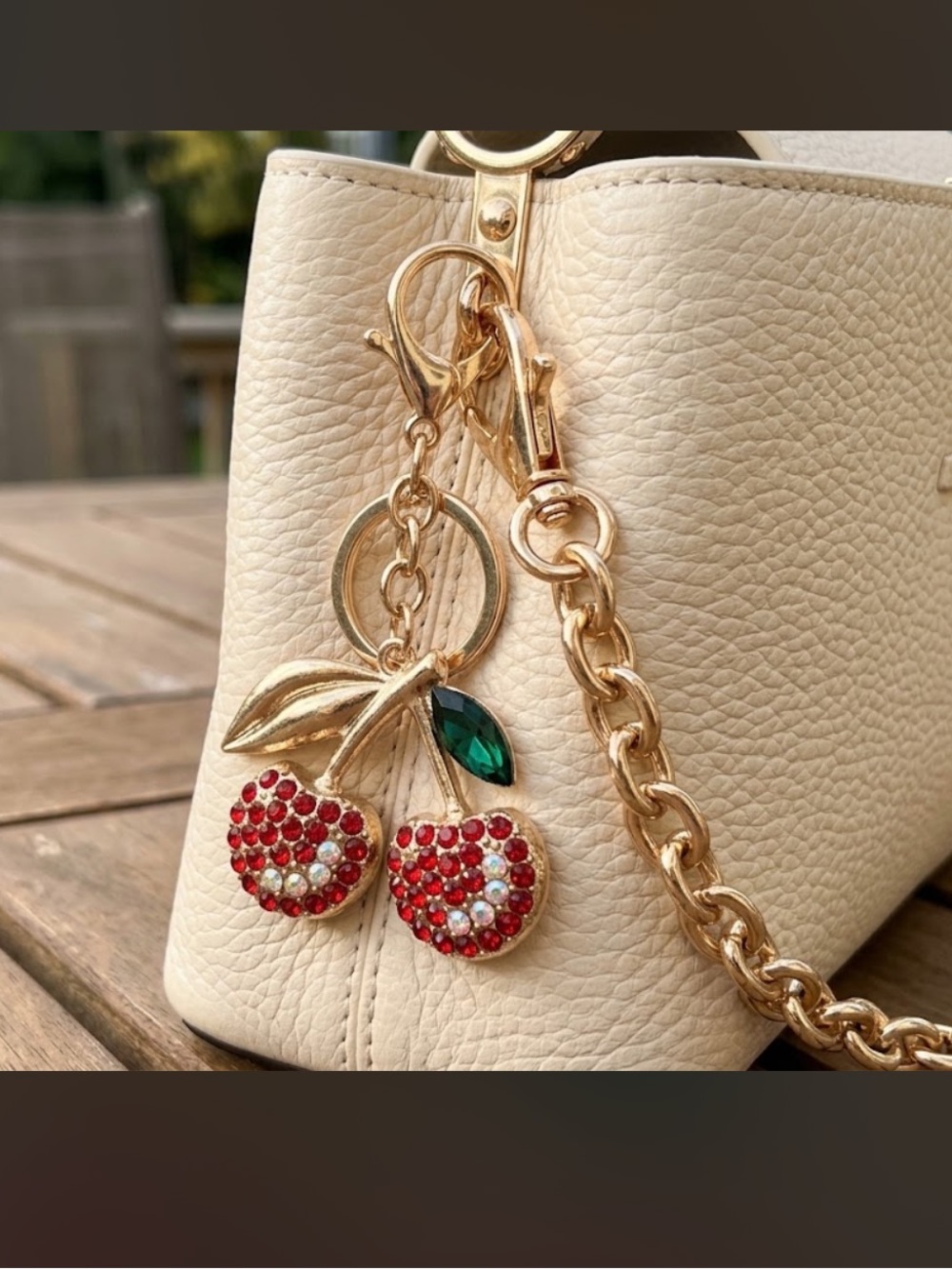 NIP IP Crystal Collection Cherry Rhinestone Keychain Purse Charm Gold Tone